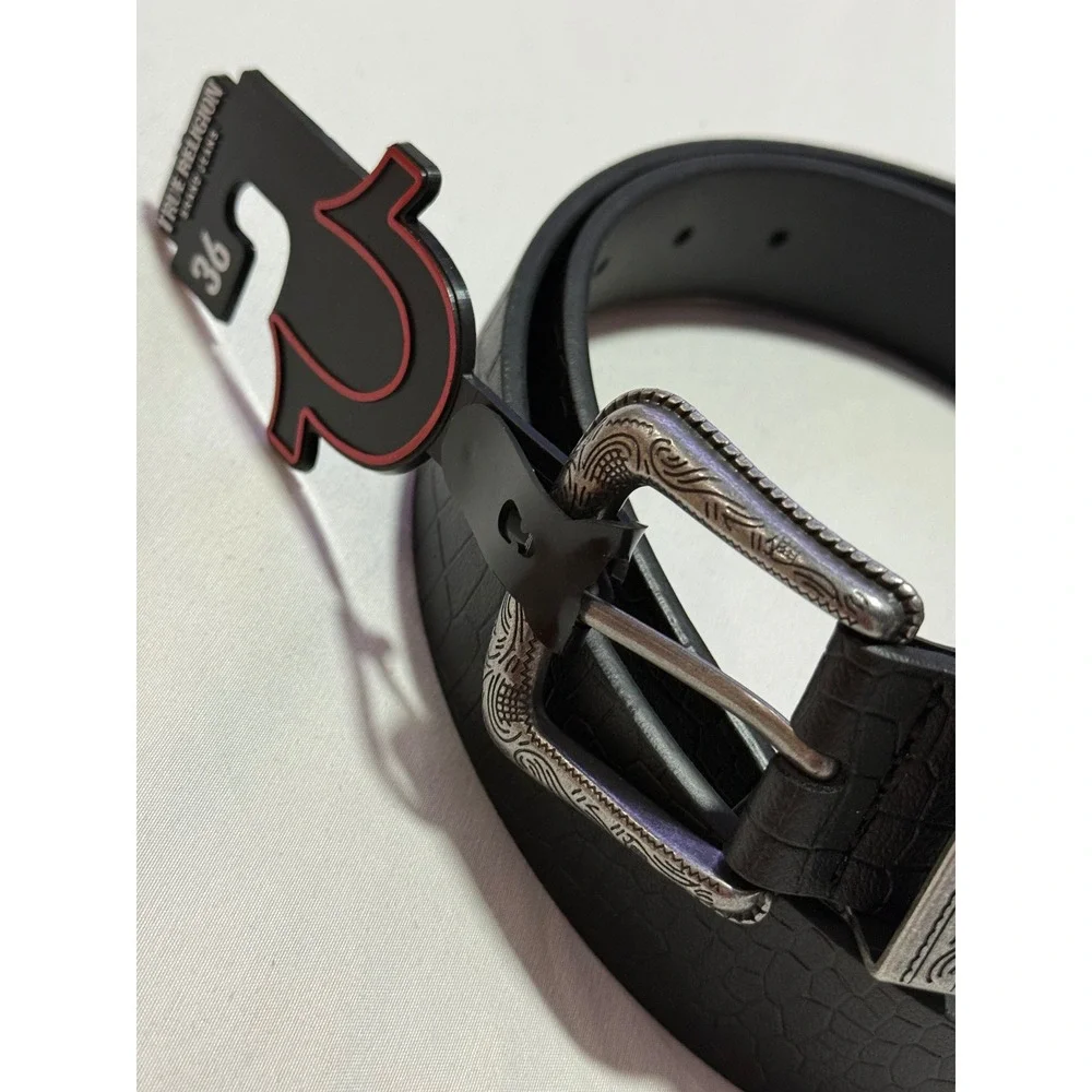True Religion Palomo Western Belt Black‎ Croc Embossed Silver Buckle Size 36 NWT